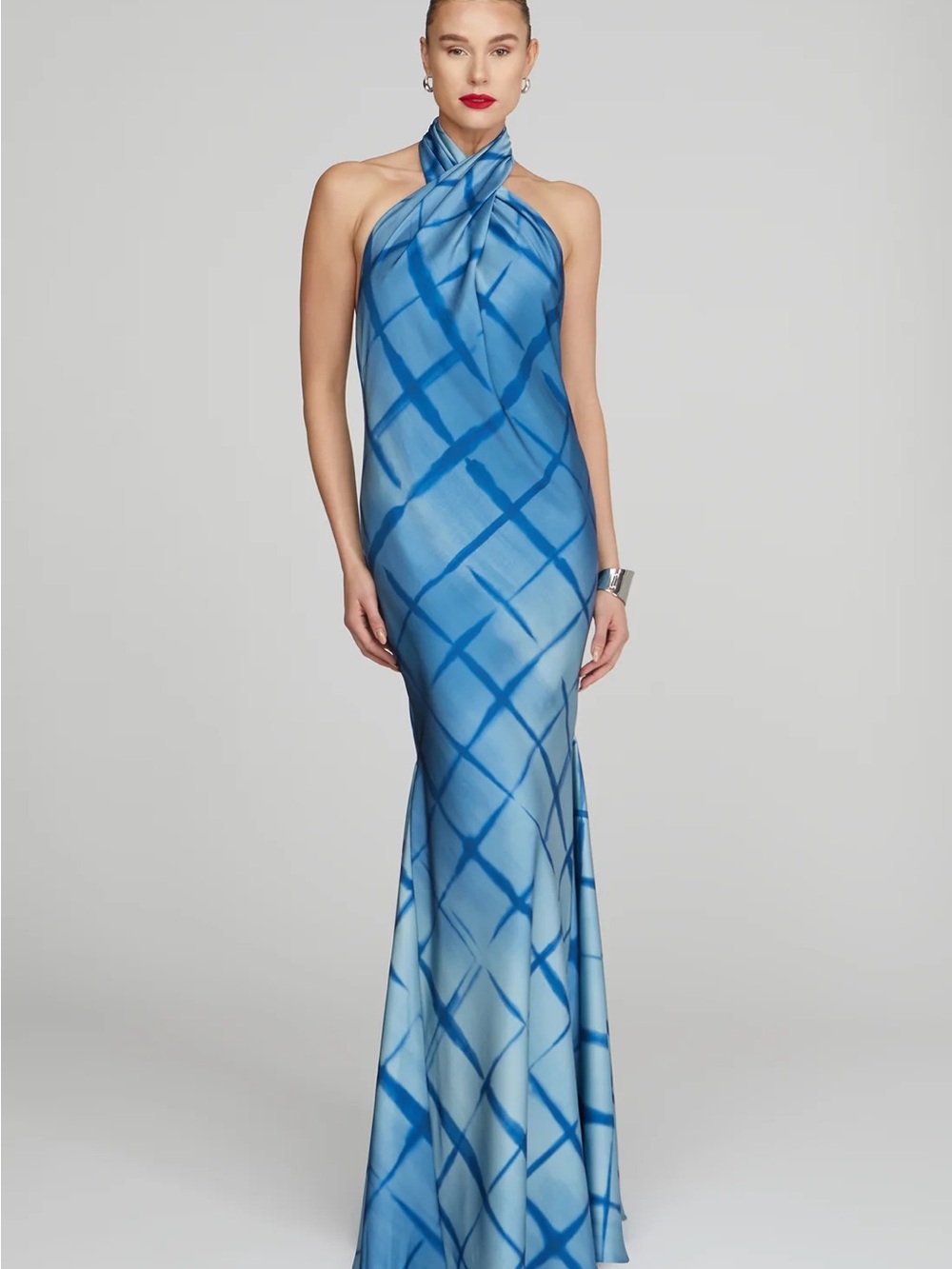 Halston  Corrine Printed Satin Gown - Blue Halter-Neck Evening Gown